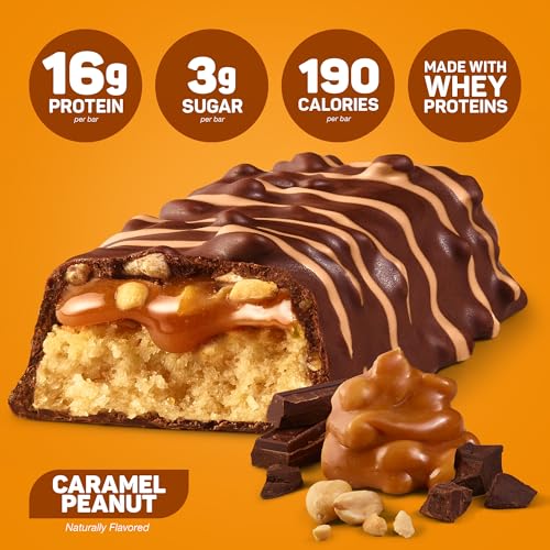 FITCRUNCH Snack Size Protein Bars, 6-Layer Baked Bar, 3g of Sugar, Gluten Free & Soft Cake Core (9 Bars, Caramel Peanut)
