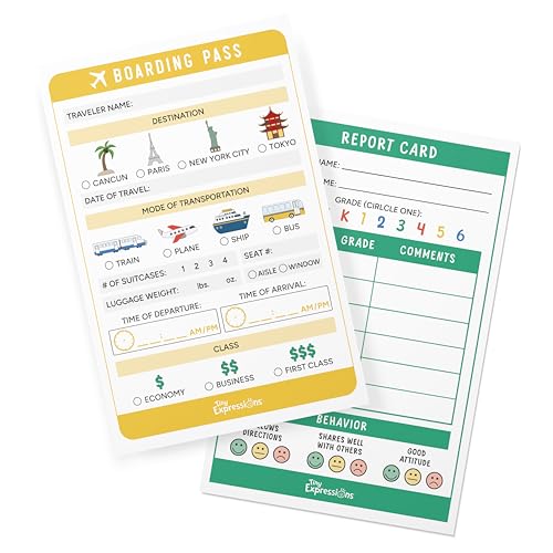 Image of Tiny Expressions Kids Pretend Play Notepads - 40 Pages Boarding Pass & 40 Pages Classroom Report Card Notepad - Travel Booking Agent and Teacher Imaginative Role Play - Playtime Activity Sheets