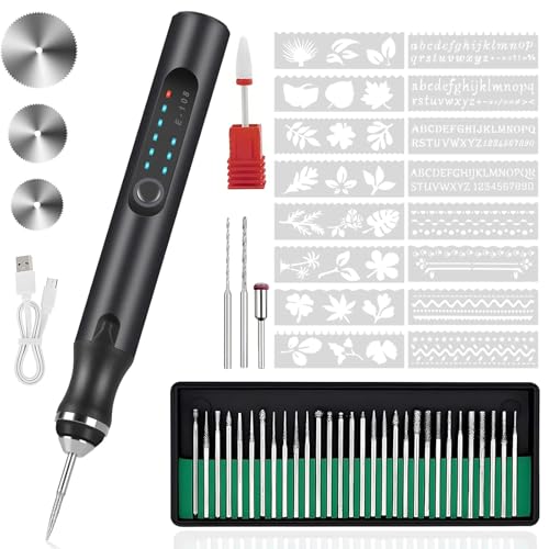 Gravierstift mit 37 Bits, wiederaufladbar über USB, kabellos, Ätz-Gravierwerkzeug, tragbarer DIY-Drehgravierer für Schmuck, Holz, Glas, Steinschnitzerei (schwarz)