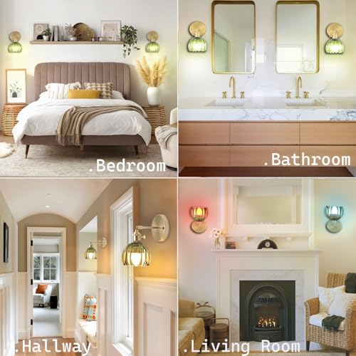 Image of Battery Operated Wall Sconce with Green Tulip Glass Shade, Rechargeable Wireless Wall Light Fixture with Remote for Bedside,Bathroom, Bedroom