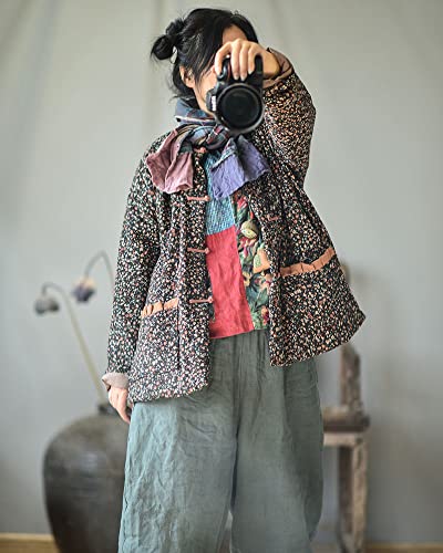 NFYM Womens Lighweight Quilted Lined Jacket Button Down Floral Print Cute Vintage Loose Short Coats with Pockets3