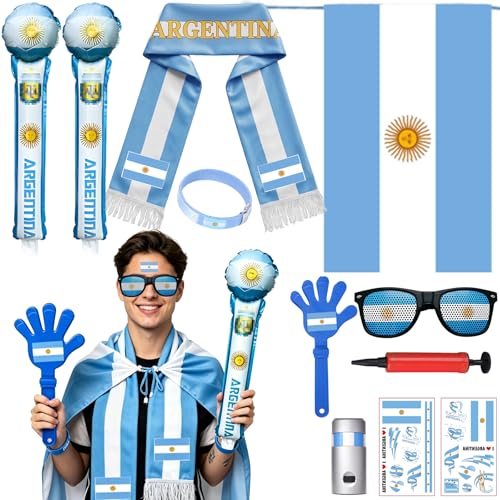 2026 Soccer Fan Support Kit 11pcs, Merch for Fans Accessories, Flag, Scarf, Glasses, Cheering Sticks, Clapper & Face Painting, Fan Gear for Match Day & Parties (Argentina)