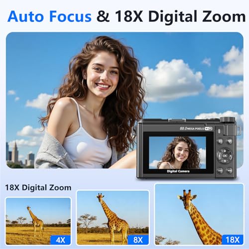 Image of 8K Digital Camera for Photography,88MP HD WiFi Vlogging Camera for YouTube with 3 inch 180 Flip Screen,Autofocus,Compact Camera with 18X Digital Zoom,Flash,32GB TF Card & 2 Batteries(Gunmetal)