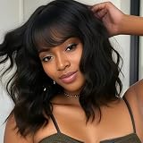 ZYYDSGO Bob Short Wavy Curly Wig for Women Synthetic Wig Cosplay Shoulder Length Bangs Bob Curly Women's Charming Synthetic Wigs Black Natural