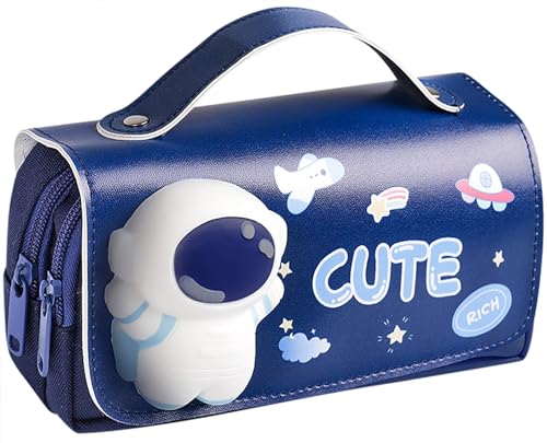 Image of Cute Astronauts Pencil Case for Kids,Kawaii Girls Pencil Pouch with Compartments,Stress Release Pencil Bag for Elementary Students(Blue), JieYaBiDai-007