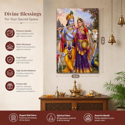 Image of Rangoli Radha Krishna Self Adhesive Poster 12x18 Inch | Hindu God Wall Sticker Poster with Cow & Calf for Home Temple Pooja Room Living Room Bedroom Decor | Spiritual Devotional Wall Art