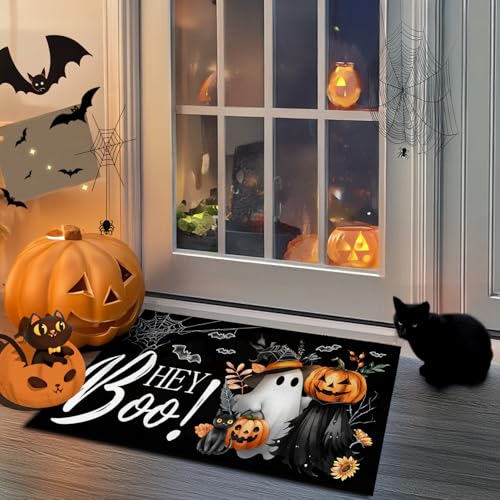 Halloween Door Mat Hey Boo Welcome Mat Scary Entry Rug Non-Slip Rubber Front Doormat Bathroom Home Decor Pumpkin Black Cat Kitchen Floor Mat, Low-Profile Switch Rug Indoor/Outdoor Decor 17x29 Inch Halloween Door Mat Hey Boo Welcome Mat Scary Entry Rug Non-Slip Rubber Front Doormat Bathroom Home Decor Pumpkin Black Cat Kitchen Floor Mat, Low-Profile Switch Rug Indoor/Outdoor Decor 17x29 Inch