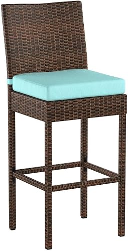 Miniatura 5 de Sundale Outdoor Juego de 2 taburetes de bar, 2 taburetes de bar de mimbre tejido sin brazos, sillas de bar para patio con almohada y cojín azul,