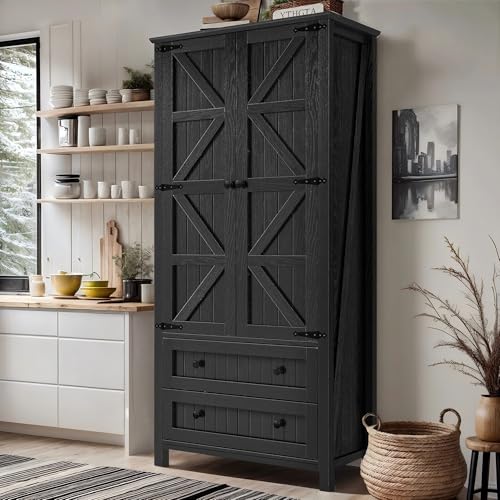 DWVO Farmhouse Kitchen Pantry Cabinet, 64.5" Tall Storage Cabinet with 2 Drawers and Adjustable Shelves, Versatile Storage for Living Room, Dining Room or Hallway, Oak Black