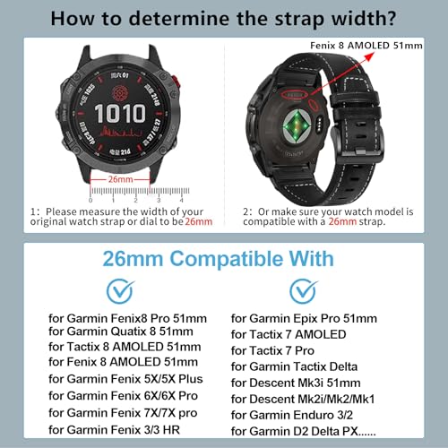Image of ZPJPPLX 26mm Genuine Leather Quick fit Watch Band Compatible with Garmin Fenix 8 /quatix 51mm /Fenix 7X pro /7X /6X Pro /6X /5X Plus /5X /3 HR /3 /tactix 8 AMOLED-51mm /7 Pro /Enduro 3 2 /Descent Mk3i-51mm /Mk2i