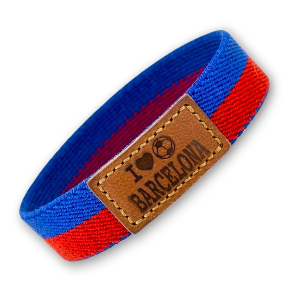 BDM Braccialetto e Portachiavi Barcellona Azulgrana Calcio| Tessuto Elastico con Toppa in Pelle I Love Barcelona | Taglie 16-18 cm e 18-20 cm | Pacco o Singolo
