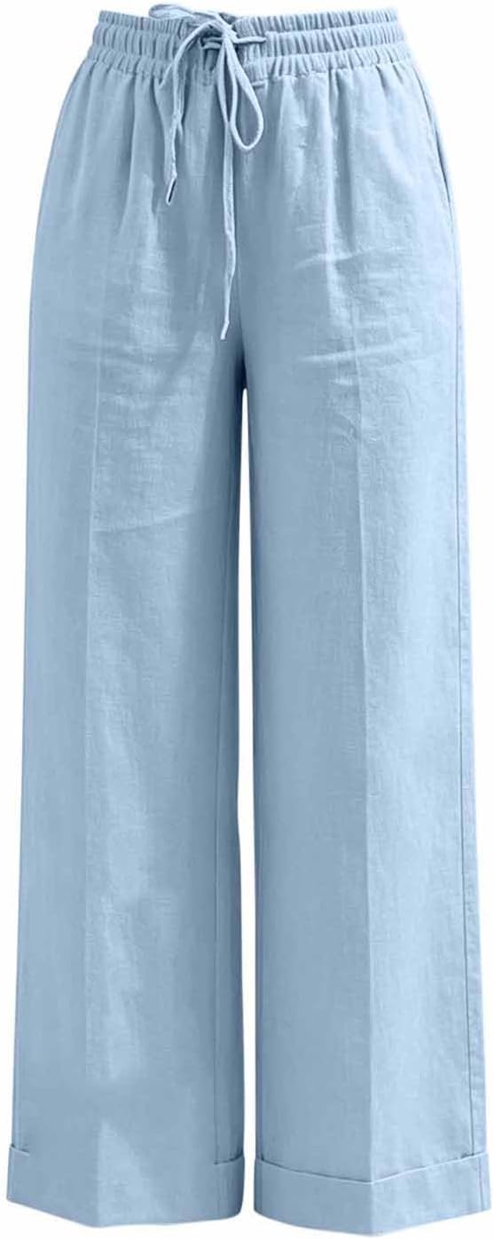 Womens Cotton Linen Wide Leg Pants High Waisted Casual Palazzo Trousers with Pockets Summer Drawstring Beach Pants