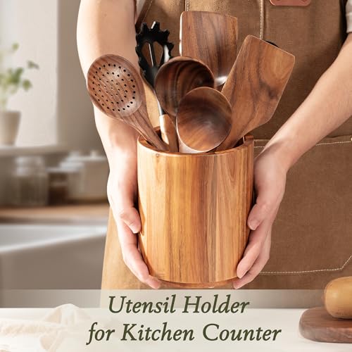 Criusia Utensil Holder 2 Pack, 360° Rotating Acacia Wood Cooking Utensil Crocks for Kitchen Counter, Farmhouse & Modern Decor, (2 Large) by Criusia - Used condition - Image 8