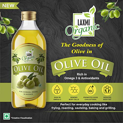 Image of LAXMI ORGANIC Olive Oil 1L | Pure Cold Pressed Jaitun Ka Tel | Multipurpose Edible Oil for Cooking, Salad Dressing, Hair Care, Skin Moisturizing & Baby Massage | Natural Olive Oil 1000ml