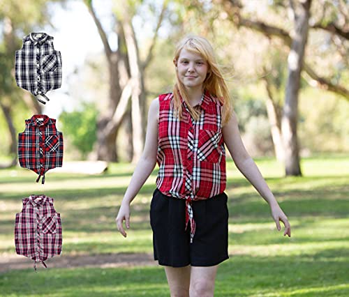 Little Big Girls Sleeveless Woven Plaid Button Down Shirts with Collar Red Black Navy Color2