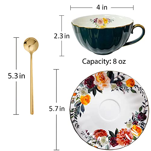 Oneustar Bone China Tea Cups And Saucers Set Of 2 Floral English Teacup With Spoon Coffee Cups Cappuccino Espresso Latte Mug For Birthday Wedding Gift #TOP4