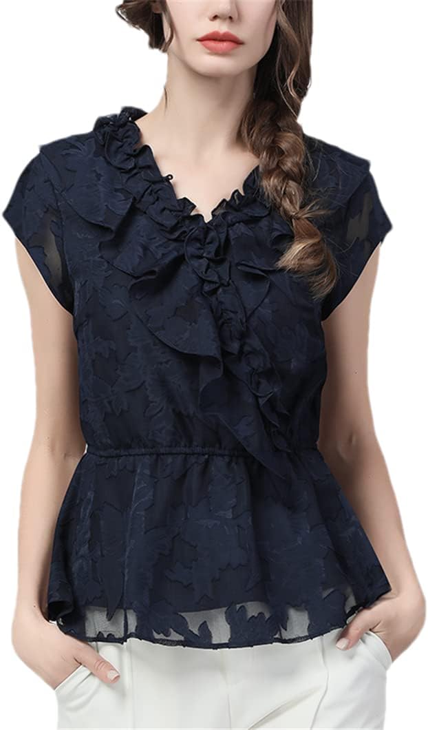 Lace Top Women Spring Summer Ruffle Through Floral Blouse Vintage Casual Chiffon Shirt