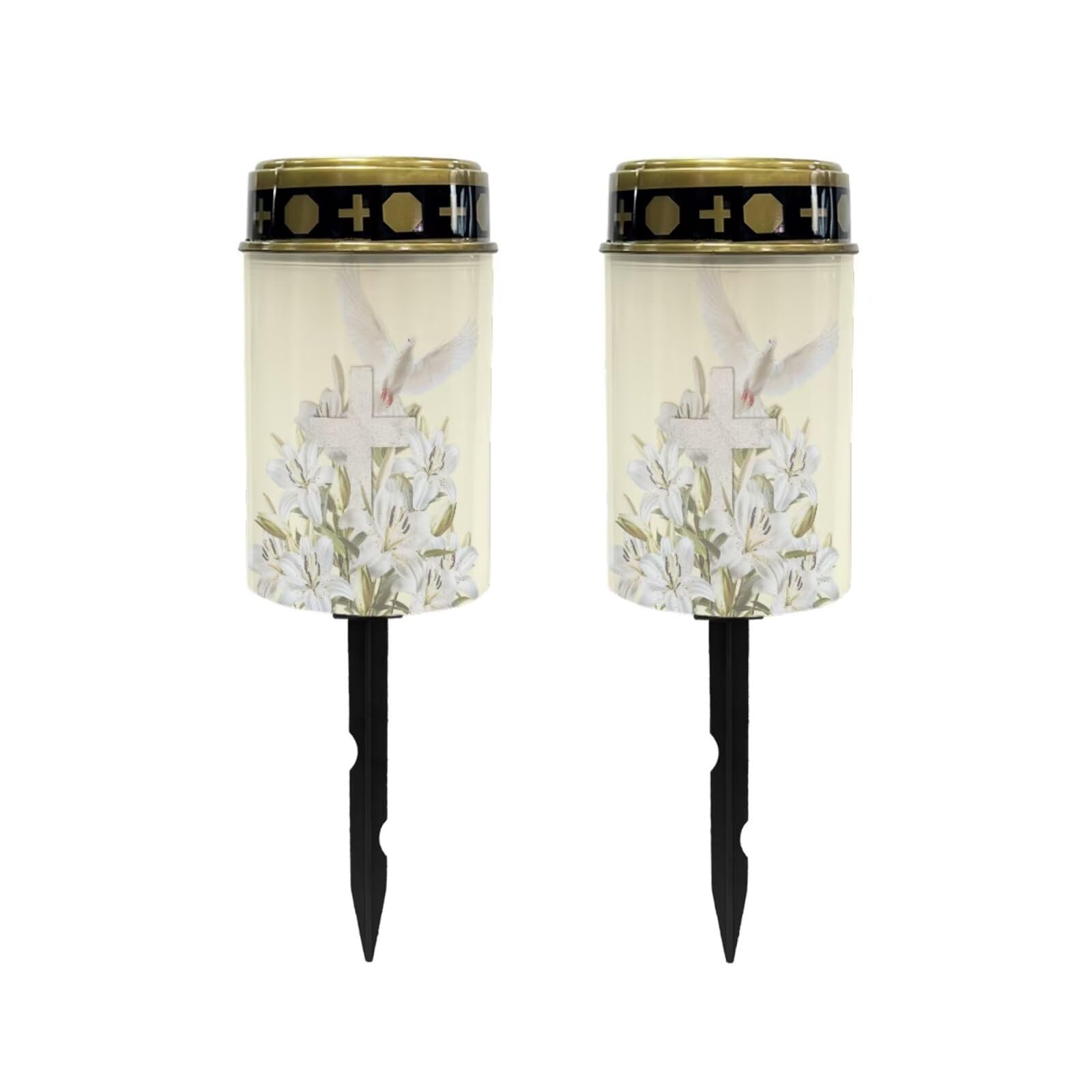 Poceacles Cross Solar Lights Outdoor Solar Powered Outdoor Grave Stake Solar Lights Solar Grave Lantern Landscape Lights Waterproof Cemetery Flameless Candles, Dove of Peace Lily Cross, Pack of 2