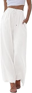 Womens Cotton Linen Pants 2025 Summer Palazzo Casual Flowy Elastic Waist Beach Trousers with Drawstrings