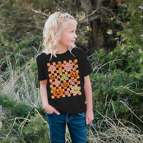 Image of Girls Halloween Shirt Pumpkin Flower Face Checkered T-Shirt Kids Crewneck Short Sleeve Spooky Season Gift Tee Tops(Black,11-12 Years)