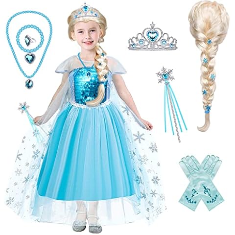 Tacobear Elsa Costume for Girls Kids Elsa Wig Blue Crown Glove Princess Dress Up Accessories Birthday Cosplay Outfit for 7t 8t Cover
