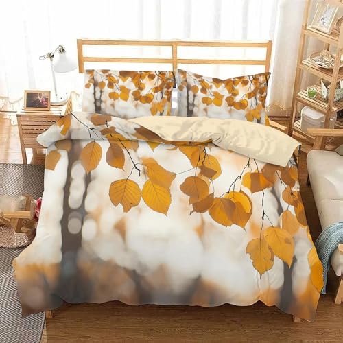 Juego de Funda nórdica con Estampado de Hojas Amarillas, tamaño Doble, Juego de Funda nórdica con Estampado de Bosque otoñal, Juego de Cama de 3 Piezas, Funda de edredón Suave,