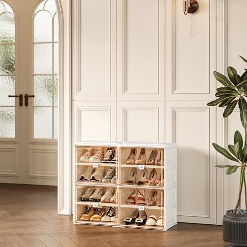 Image of ANTBOX Portable Shoe Rack Organizer for Closet Entryway, Stackable Sneaker Storage Shoe Cabinet with Magnetic Clear Door, Large Plastic Storage containers Bins with Lids 4 Tiers 16 Pairs