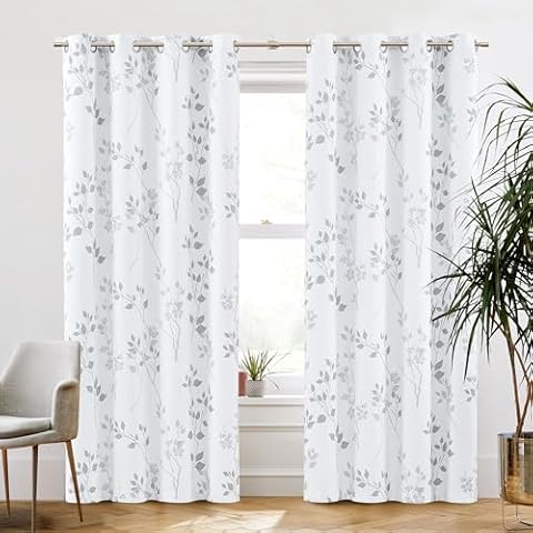 Beauoop Grey Floral Blackout Curtains 90 Inch Cover