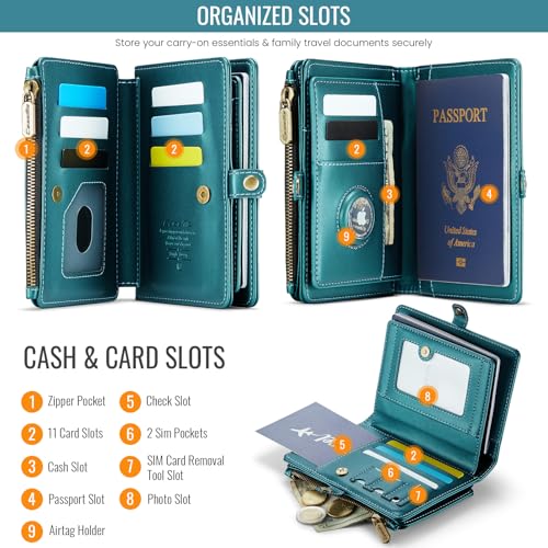 Passport Holder Wallet Bag with AirTag Holder, 11 Card Slots and Passport Solt Cash Solt Photo Solt Zipper Pocket, RFID Blocking Wristlet Strap.Green2