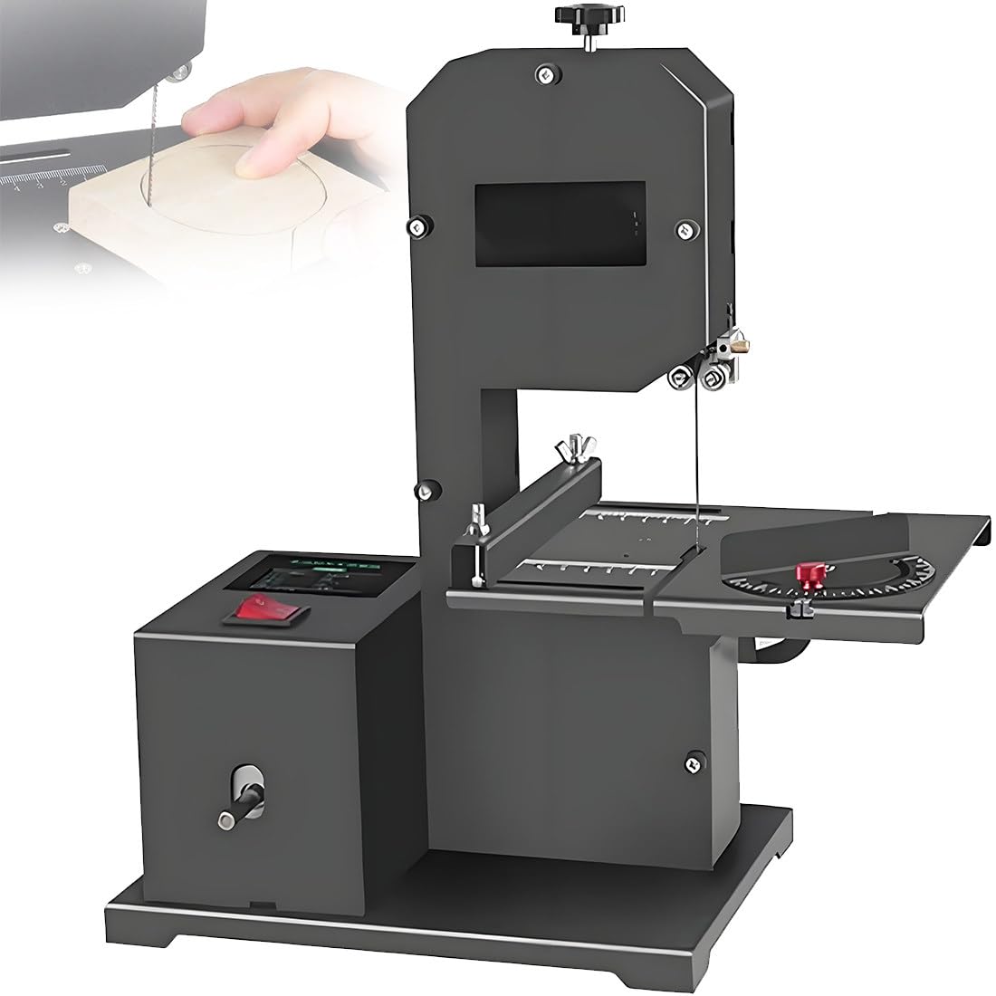 Sierra de cinta de mesa para carpintería | Motor de 800 W con altura de corte de 70 mm y mesa inclinable | Ideal para curvas y cortes rectos en pequeños talleres