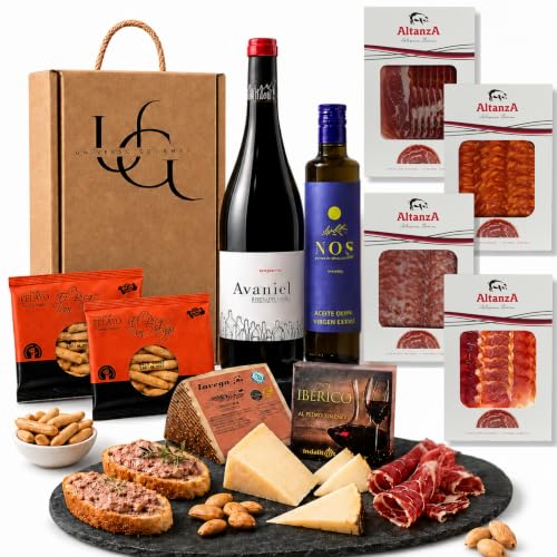 UNIVERSO GOURMET | Cesta Gourmet para Regalar | Vino DO.Ribera | Aceite Oliva Virgen Extra | Embutidos Ibericos Bellota | Paleta Ibérica y Queso Curado | Pate Pedro Ximenez y Picos Pan Artesanos