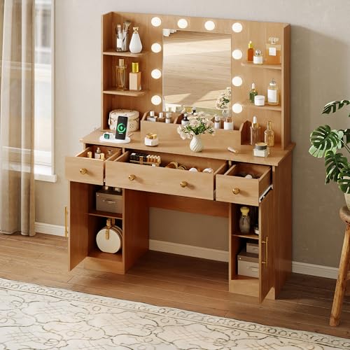 Image of HUANLEGO Vanity Desk with Mirror and Lights, Makeup Vanity with Mirror and LED Lights & Power Outlet, 3 Drawers and Cabinets, 3 Lighting Modes Dressing Table Set for Girls Women Bedroom,Oak
