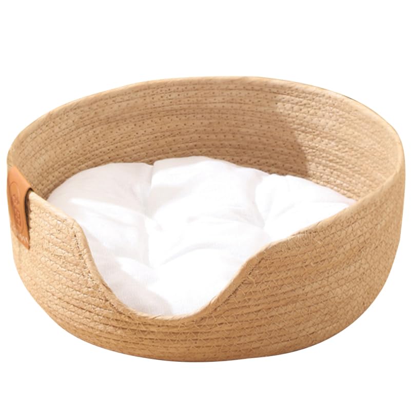 FRCOLOR Woven Cat Bed Summer Pet Nest with Breathable Rattan Basket Cushioned Mat Small Indoor Sleeping House for Cats and Dogs