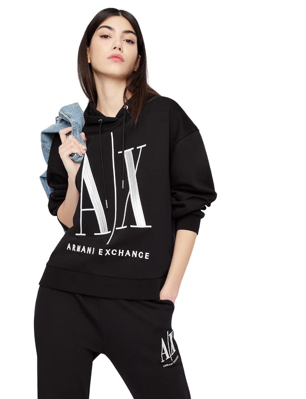 Armani Exchange Women's Studded Icon Zip Up Hooded Sweatshirt Hooded Sweatshirt, black, XS