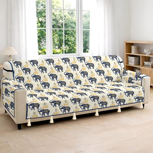 Image of Cloth Fusion 300 GSM Quilted Jaipuri Theme Printed 4 Seater Sofa Cover Mat-Style Fully Covered with Armrest Pockets, Adjustable Straps & Lock Fit (220 cm Seat Run, Elephant Motif)