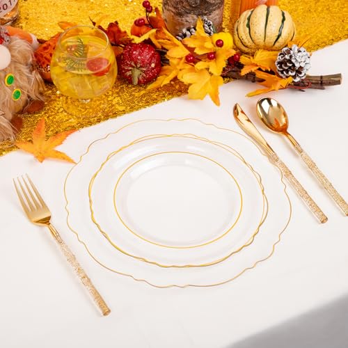 image for Liacere 150PCS Clear Gold Plastic Plates - Disposable Plastic Silverwa