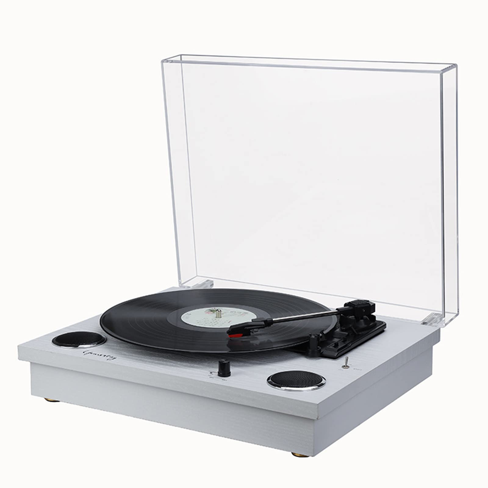 Gramofon do drewna, 3-biegowy gramofon Bluetooth i odtwarzacz winylowy z napędem paskowym z wbudowanymi głośnikami, wyjście audio na słuchawki/RCA,White