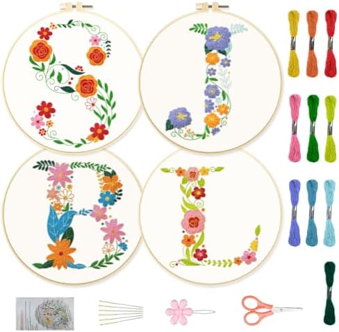 ORIGACH 4 Pack Initial Letters and Flowers Embroidery Kits for Beginners, DIY Starter Embroidery Kit with Floral Monogramed Letters B J S L Patterns and Instructions for Adults Women Crafting