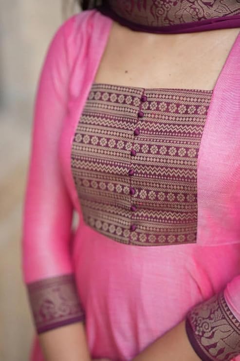 Image of Women's Vichitra Silk Anarkali Gown with Dupatta, Pink, Jacquard Zari Weaving, Designer Party Ethnic Wear