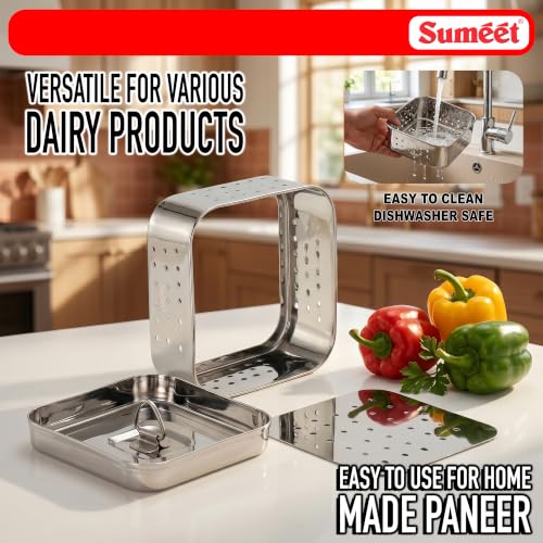Image of Sumeet Stainless Steel Square Shape Paneer /Tofu /Sprout Maker /Mould /Press, Easy and Perfact for Home Made Healthy Paneer, 10cm Dia, 200gms Paneer from 1 liter Milk, Silver