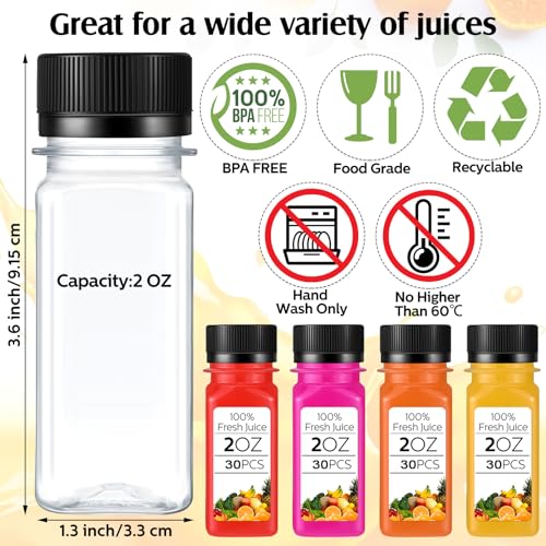 Roshtia 30 Pcs 2oz Small Clear Plastic Juice Bottles with Lid for Liquids Reusable Ginger Shots Bottle Vial Beverage Container Leak Proof Mini Jars for Juice, Milk, Water2