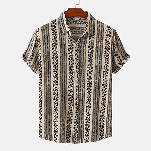 Chemise hawaïenne en coton noir pour homme d'été rétro à rayures et fleurs