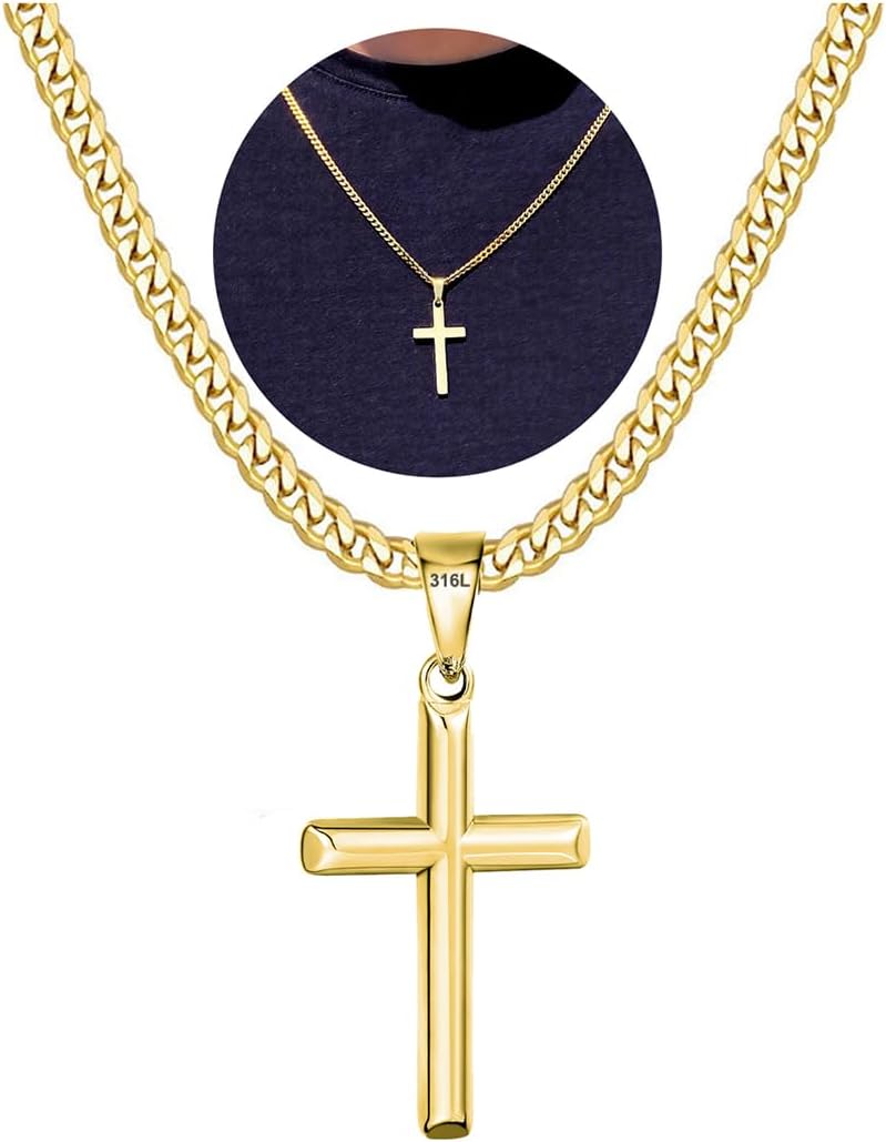 WEDDINEN 316L Stainless Steel Cross Chain Necklace for Men Boys, Silver Gold Black Mens Boys Chain Necklaces 5mm Sturdy Cuban Chain with Cross Pendant Christmas Jewelry Gifts for Him 18-24inch