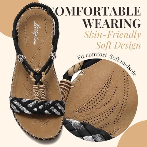 Image of Littleplum Women Sandals Arch Support Handmade Bohemian Braided Flat Sandals Comfort Walking Beach Ankle Elastic Summer Shoes