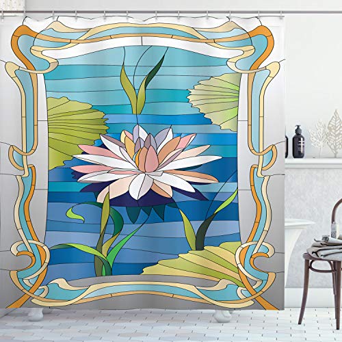 ABAKUHAUS Jugendstil Duschvorhang, Buntglas Lotus, Stoffliches Gewebe Badezimmerdekorationsset mit Haken, 175 x 200 cm, Meerblau