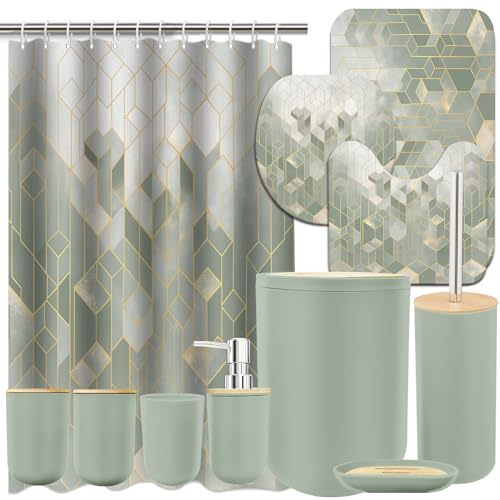 Lnond Sriral Green Bathroom Set, Green Abstract Cubes Bathroom Accessories Sets Complete, Luxury Restroom Set with Shower Curtain and Rugs, Trash Can, Toilet Brush Holder Set & Soap Dispenser by Lnond - Used condition - US$42.86