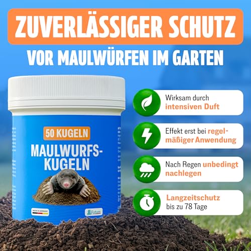 FUTUM Maulwurfskugeln – 50 Maulwurf Kugeln – Effektiver Maulwurf Vertreiber – Wirksames Mittel gegen Maulwürfe im Garten – Maulwürfe endgültig vertreiben – Maulwurfskugeln mit Langzeitwirkung