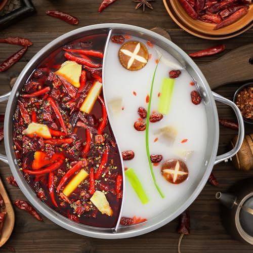 DASHUMIL Hot Pot with Divider and Lid, Large Capacity Stainless Steel Dual Compartment Fondue Set, Excellent Heat Conductivity, Even Heating, Suitable for Parties and Restaurant Use - 4