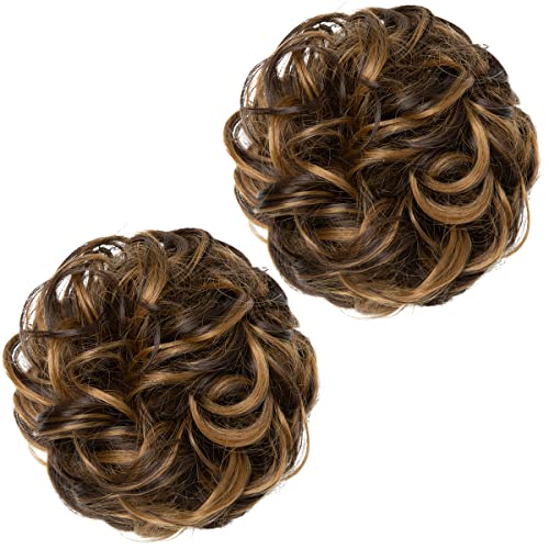 SARLA 2PCS Messy Bun Hair Pieces for Womens Synthetic Scrunchies Buns Extension Hairpieces Updo Pony Tail Dark Brown/Golden Blonde - Image 2