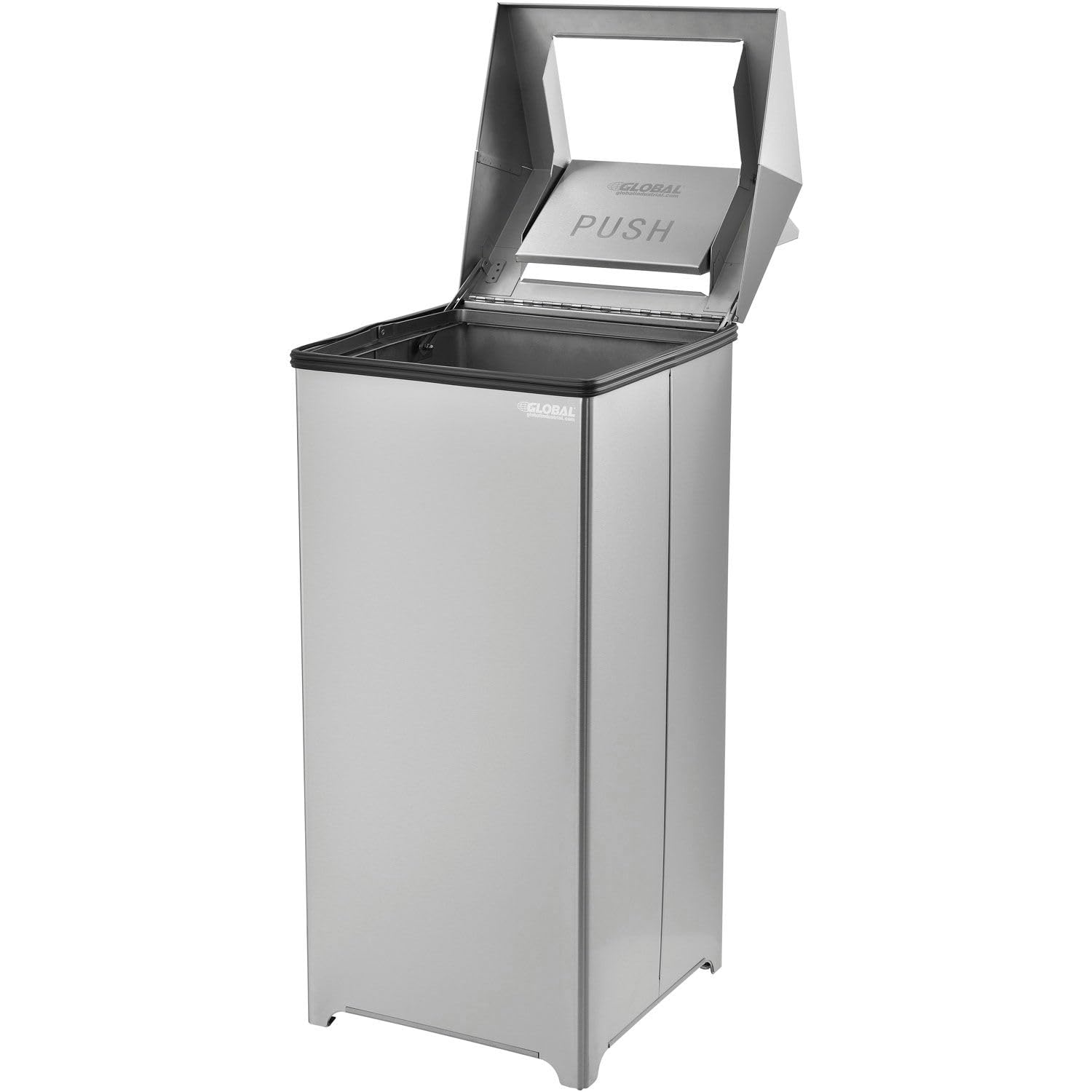 Global Industrial Swing Top Receptacle, 24 Gallon Capacity, #305 Grade Stainless Steel Construction, for Indoor Use, Dual Entry Self-Closing Swing Top